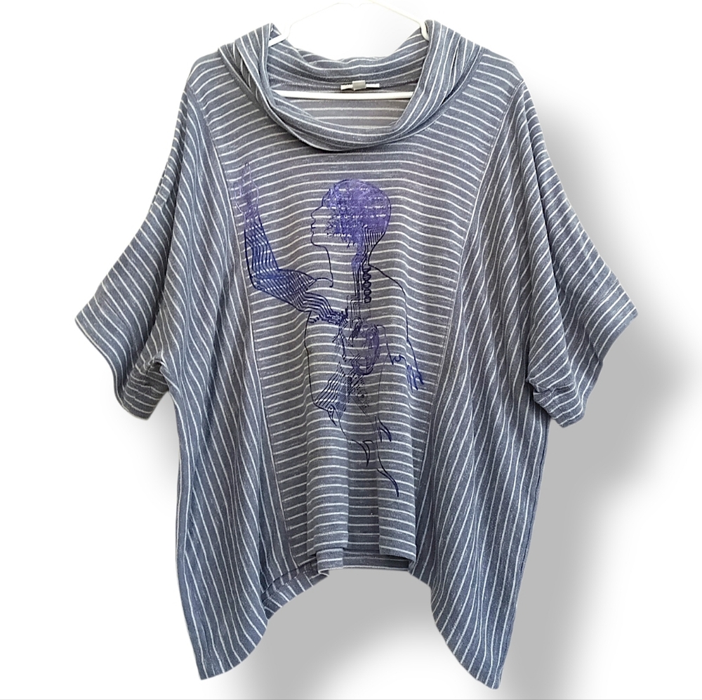 Artsy Asymmetrical Poncho Blouse Grey Purple Pinstripe Soft Cowl Neck Dolman XL